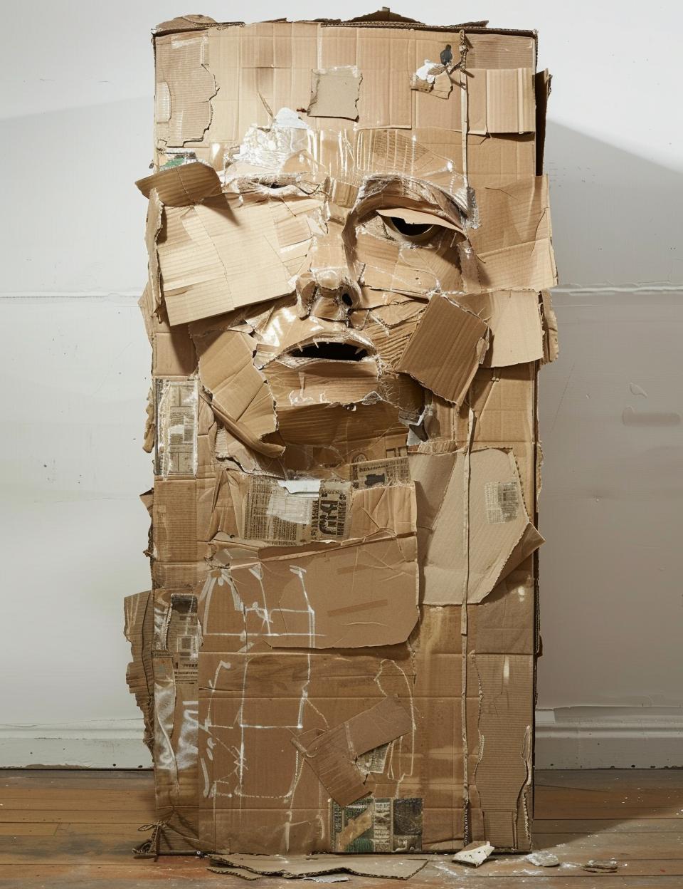 cardboard  sculpture  face  worn  aged  tape  stapled  stamped  materials  art 962114