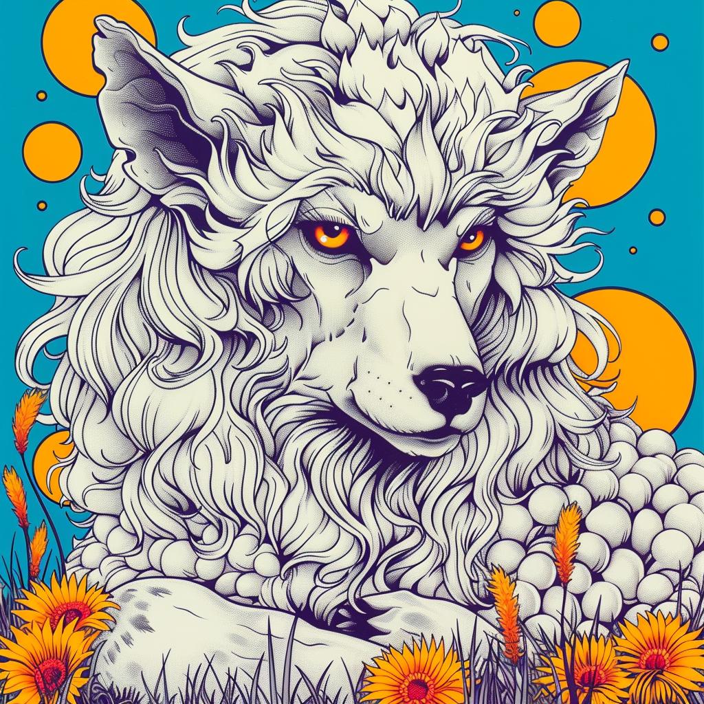 mythical  hybrid  wolf  sheep  flowers  fantastical  creature  white  yellow  eyes 941202