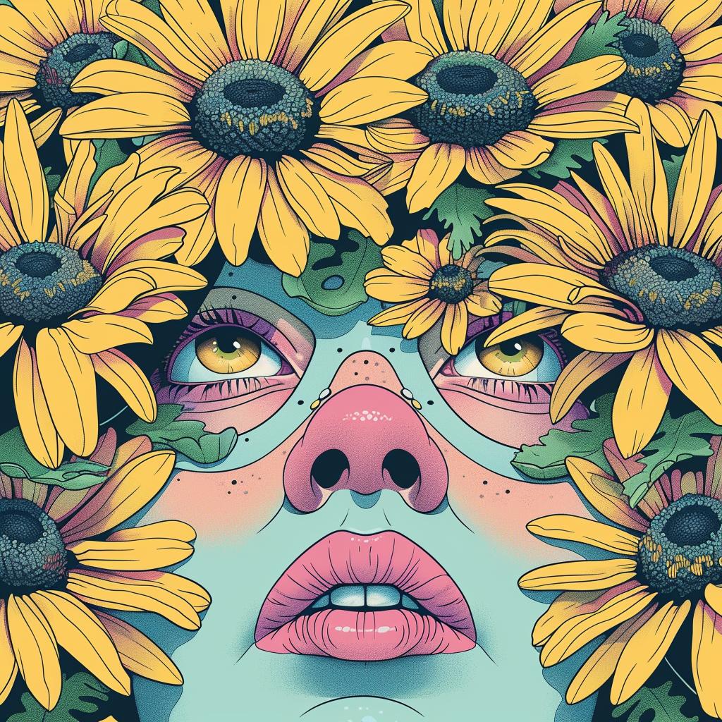 woman  sunflowers  face  flowerpunk  portrait  whimsical  colorful  nature  beauty  art 924209