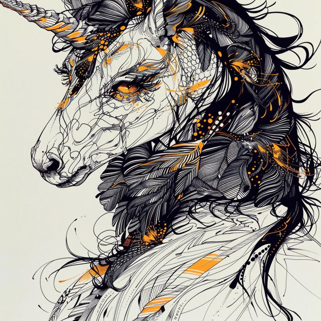 mythical  creature  unicorn  feathers  black  gold  drawing  fantastical  unique  animal 953216