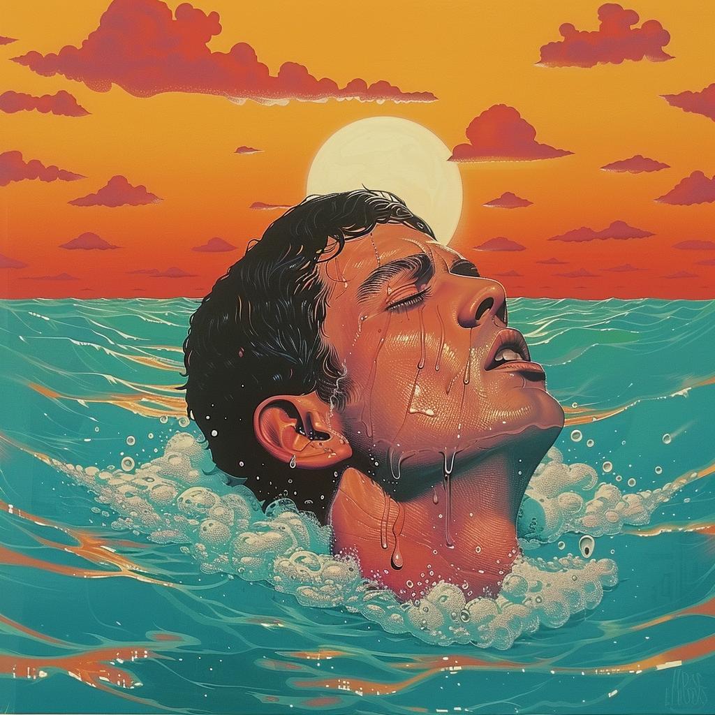 painting  man  ocean  floating  sun  background  water  art  realism  style 1016677