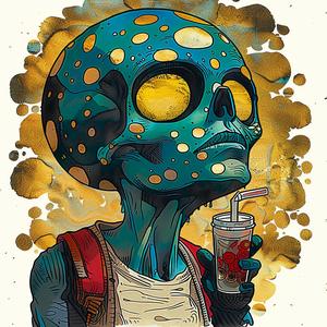 skeleton  drink  illustration  pointillism  Art Nouveau  Surrealism  vintage  comic  gold  indigo 1076472