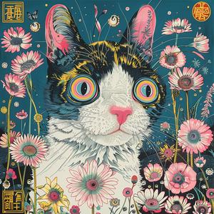 surreal  album  cover  cat  flowers  blue  background  symbolist  risograph  screenprinting 1078506