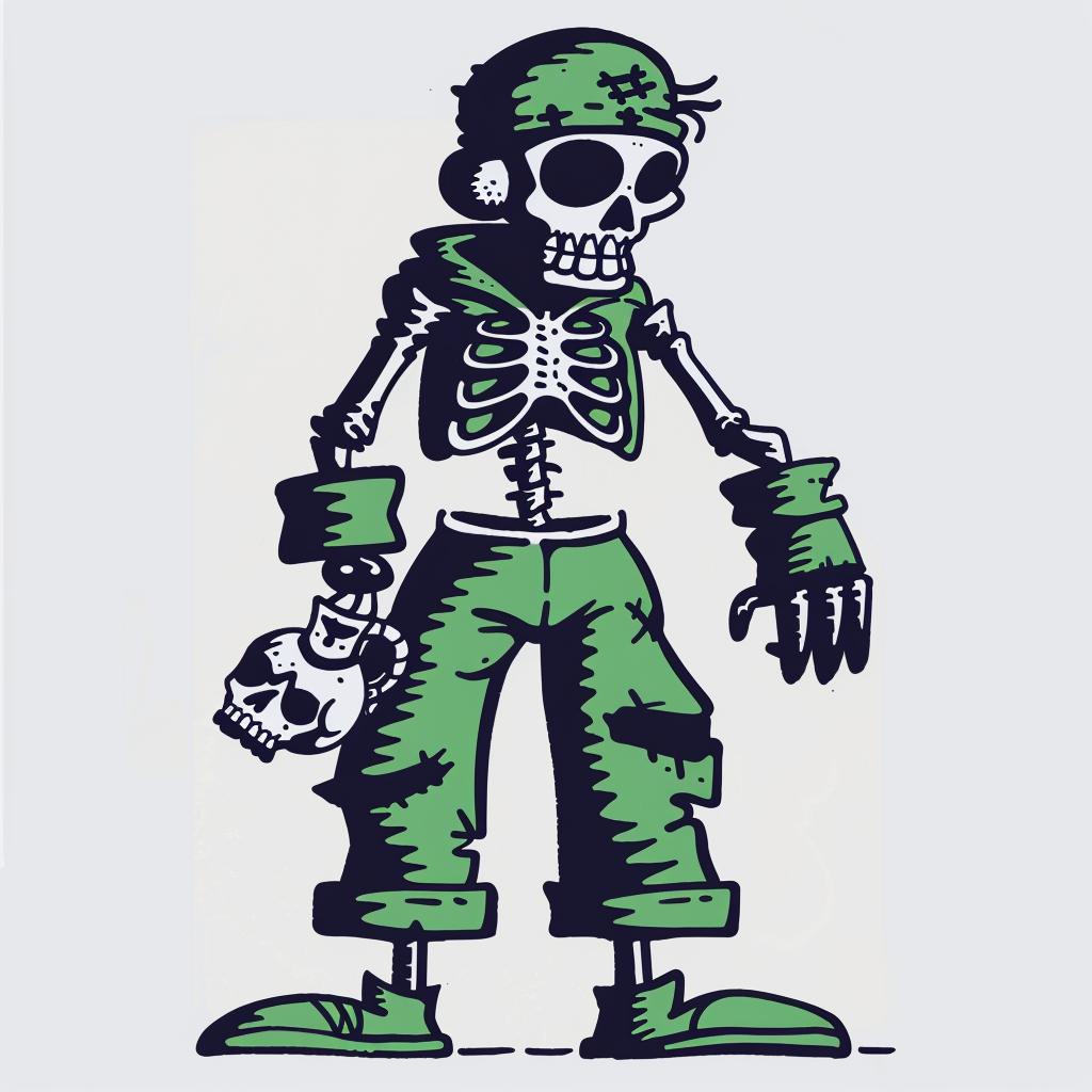 skeleton  green  pants  hat  cartoon  character  whimsical  playful  illustration  stylized 1027732