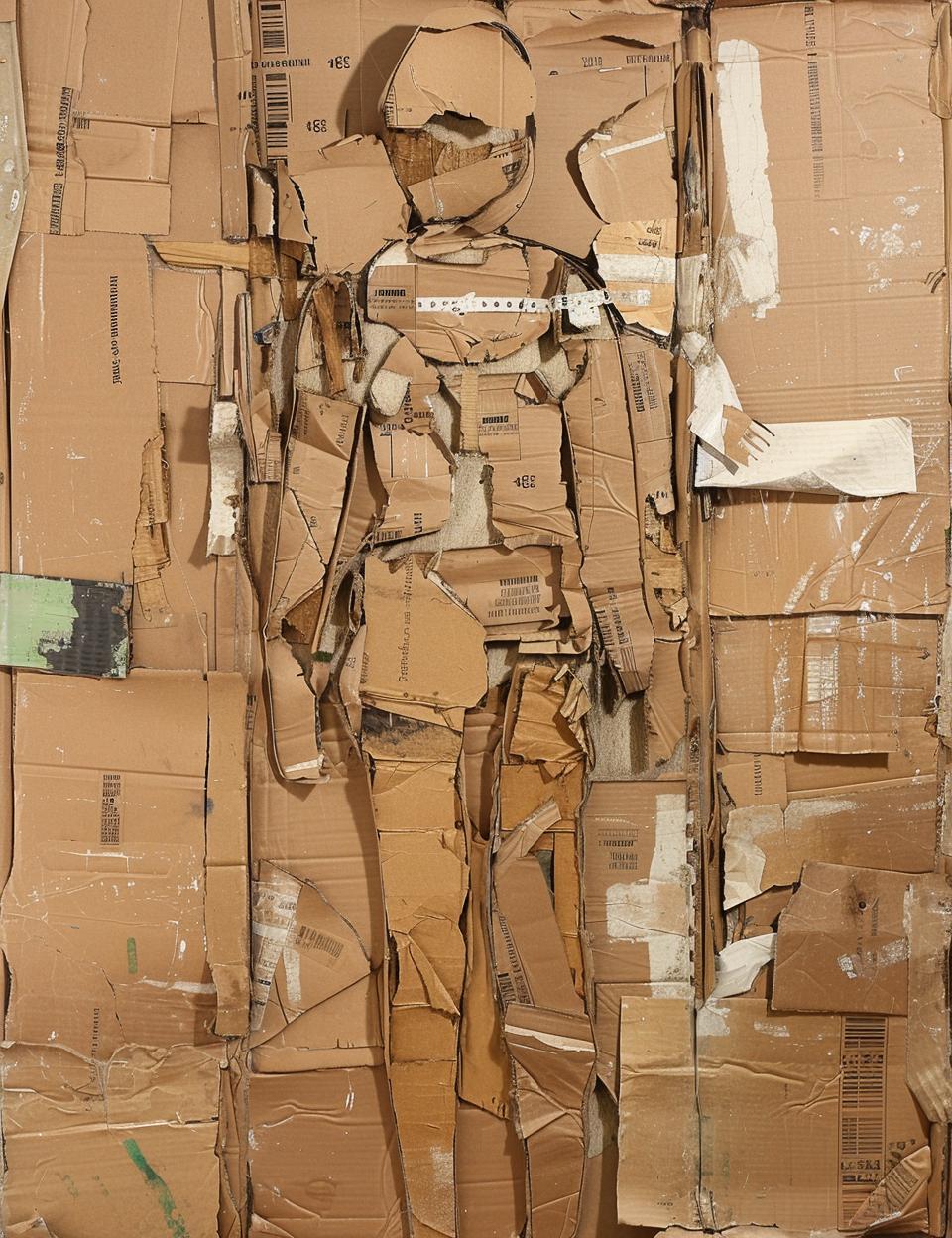 cardboard  sculpture  man  worn  aged  tape  stapled  stamped  materials  art 962113