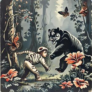 tiger  boy  forest  painting  chromolithography  nature  wildlife  art  colorful  scene 1048711