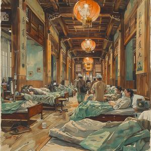painting  SpanishFlu  hospital  people  beds  masks  Ukiyo-e  struggle  care  room 1077959