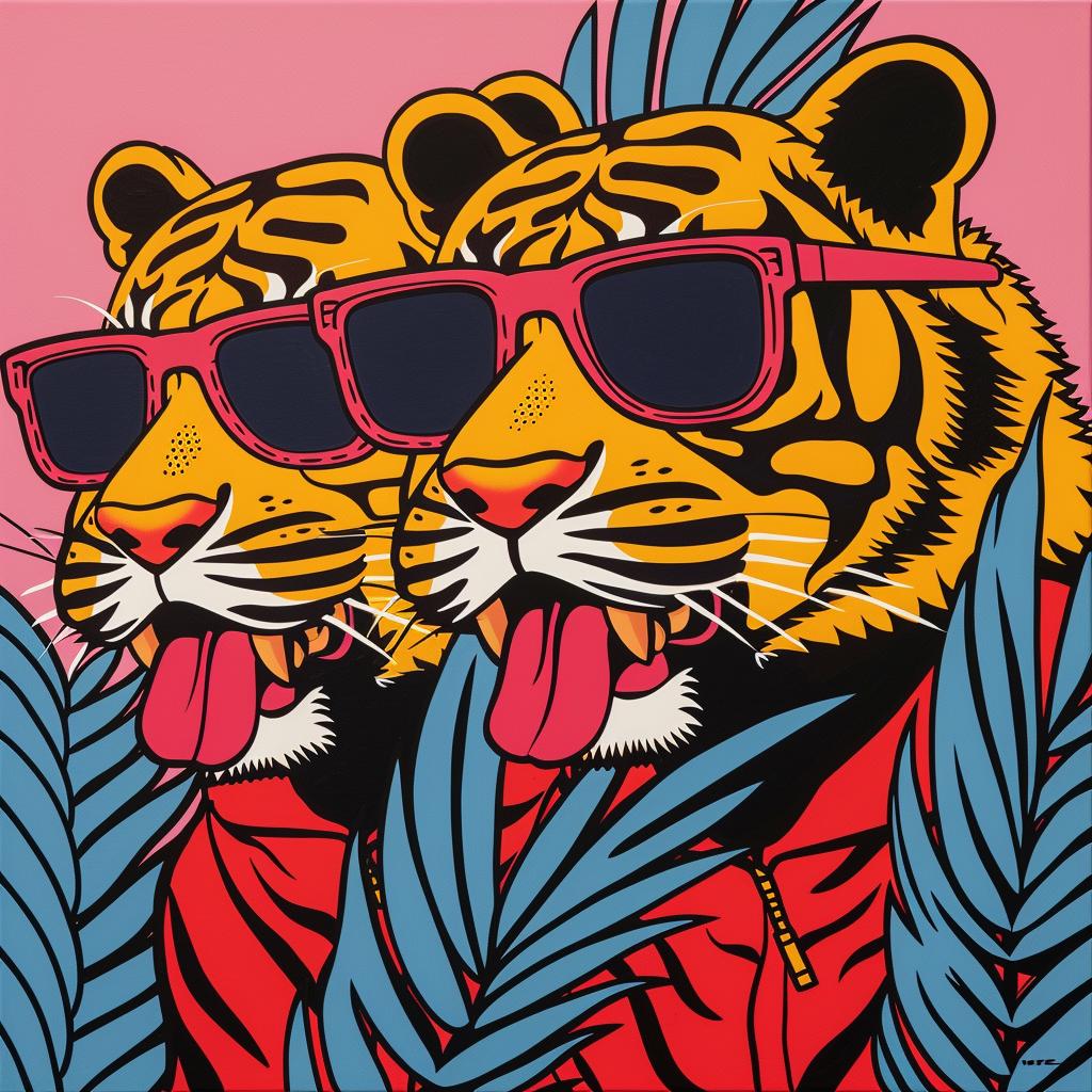 album  cover  tiger  three-headed  sunglasses  jacket  vibrant  stylized  artwork  bold 1024770