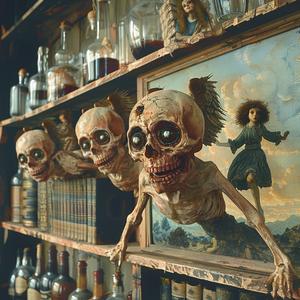shelf  skulls  bottles  artifacts  gothic  decorative  chromolithography  macabre  unique  still_life 1040128