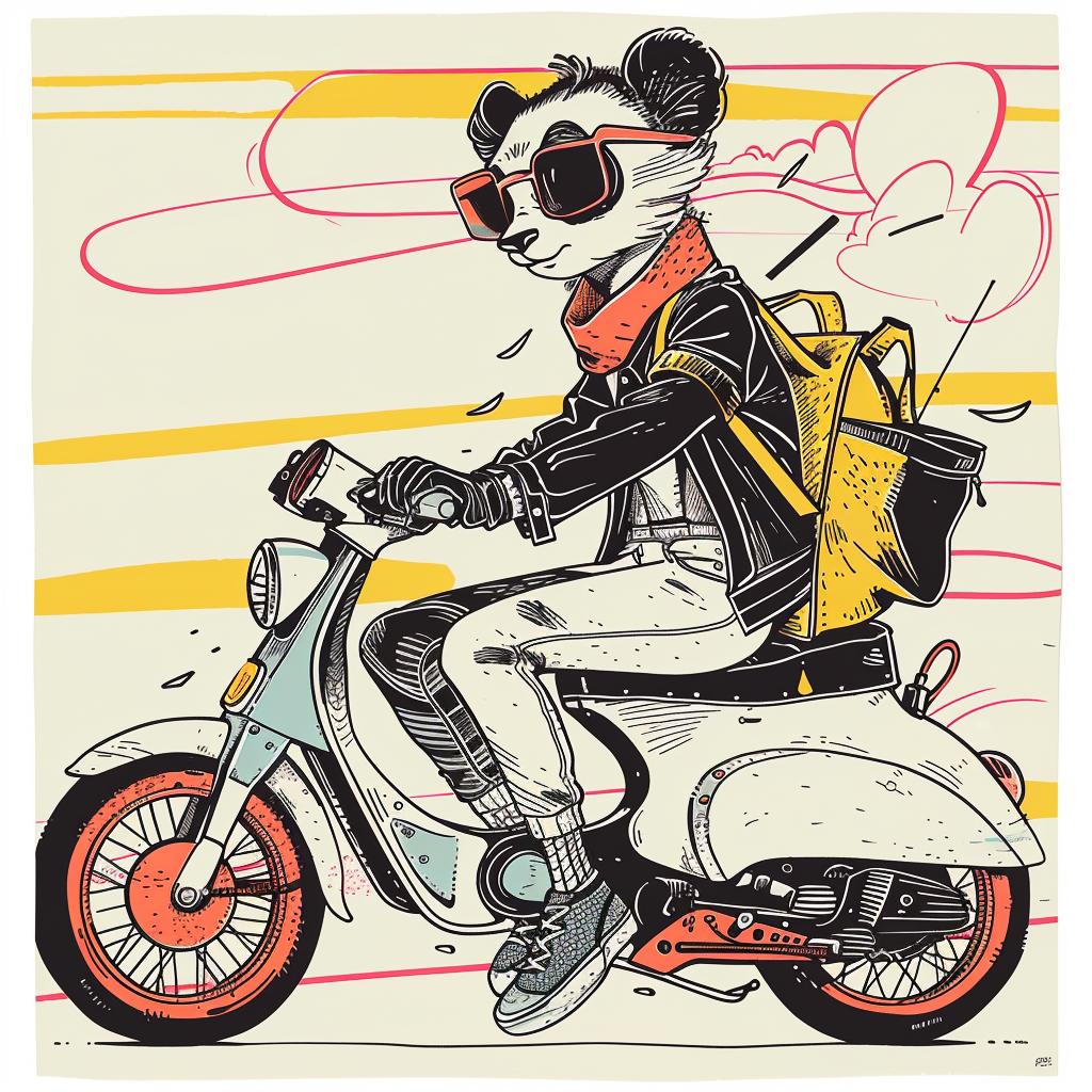 panda  moped  happy  playful  vehicle  animal  cartoon  whimsical  illustration  fun 938835