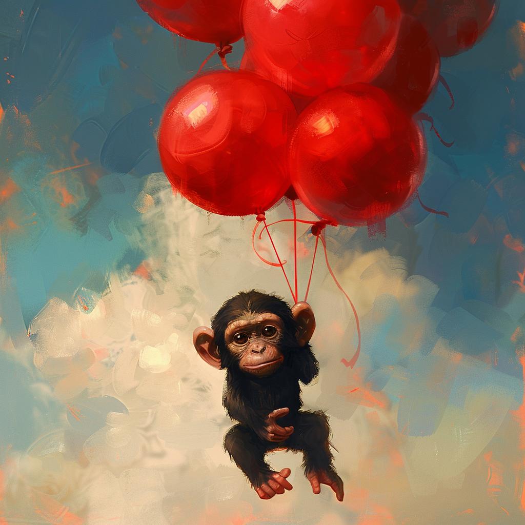 monkey  balloons  cute  kawaii  whimsical  adorable  red  illustration  playful  adoration 923616