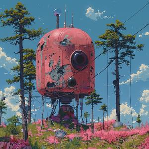 surreal  album  cover  Risograph  symbolist  hyper-realistic  screenprinting  red  tower  field 1079573