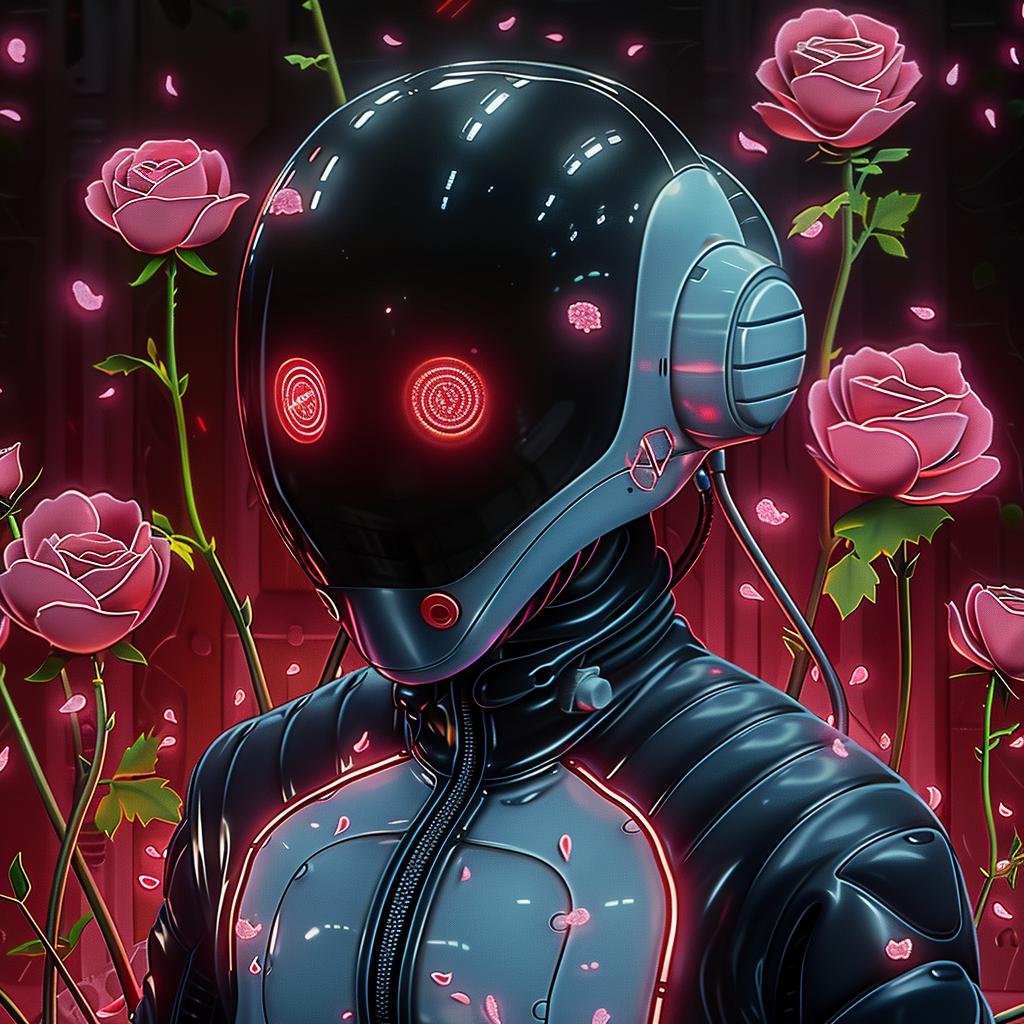 robot  helmet  roses  pink  flowers  whimsical  futuristic  vibrant  nature  design 1016779