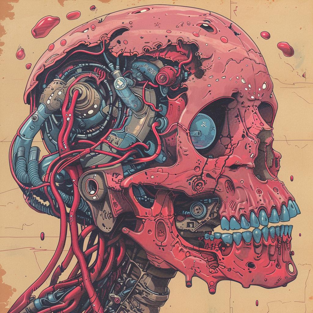 surreal  album  cover  skull  red  blue  background  hyper-realistic  screenprinting  Nychos 960918