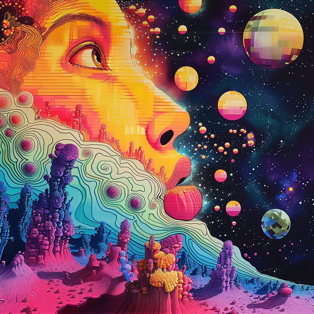 psychedelic  painting  woman  planets  vivid  cosmic  imaginative  dreamlike  colorful  art 967840