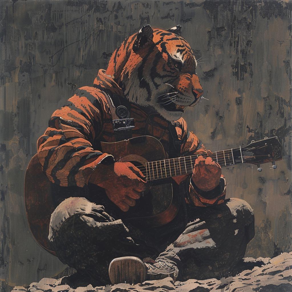 tiger  guitar  acoustic  anthropomorphic  normanrockwell  musical  sunset  vibrant  playful  artwork 922066