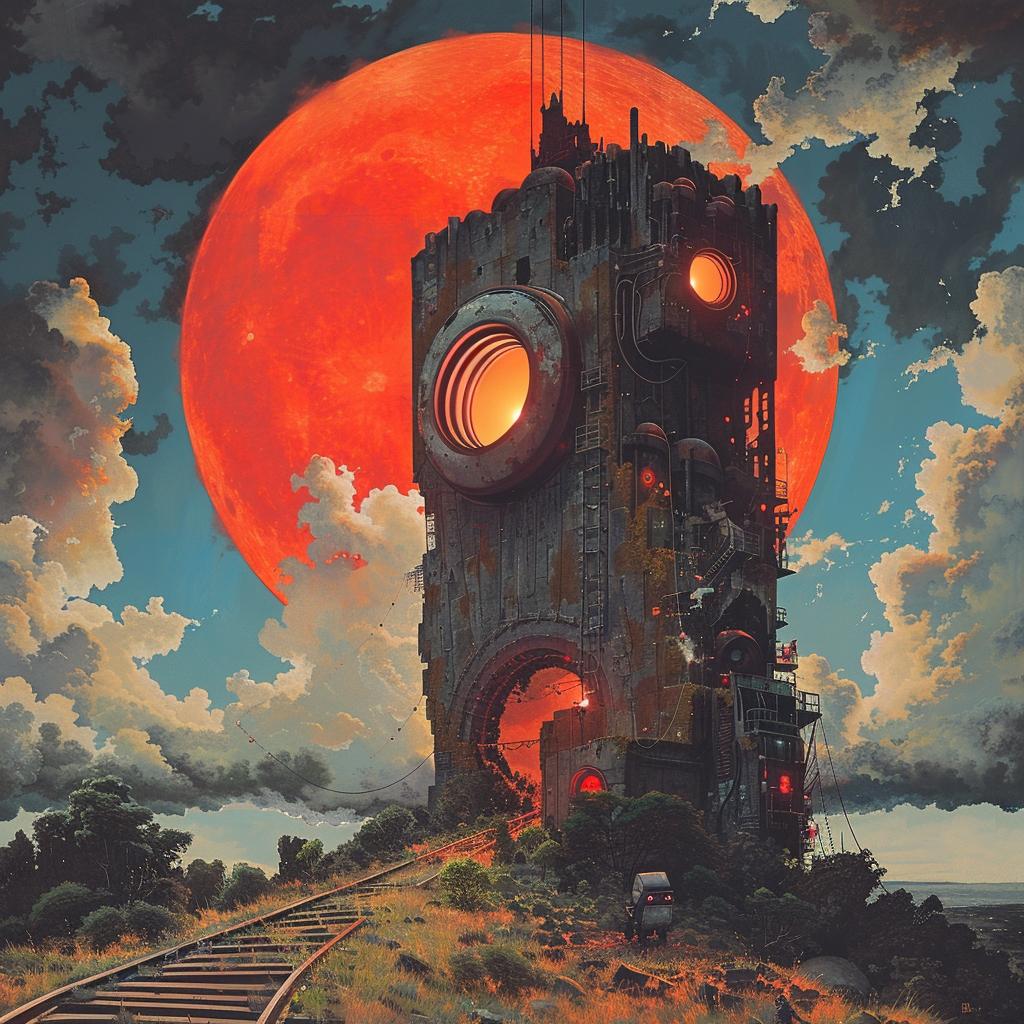 surreal  album  cover  introspective  occult  technicolor  tower  moon  painting  visual 974261