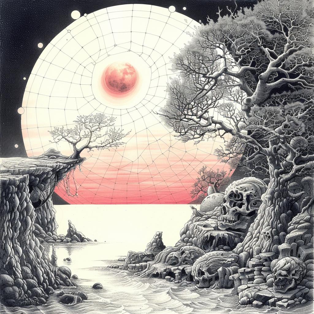 minimal  synthwave  Ukiyo-e  moon  trees  water  landscape  pointillism  creative  symbol 916267