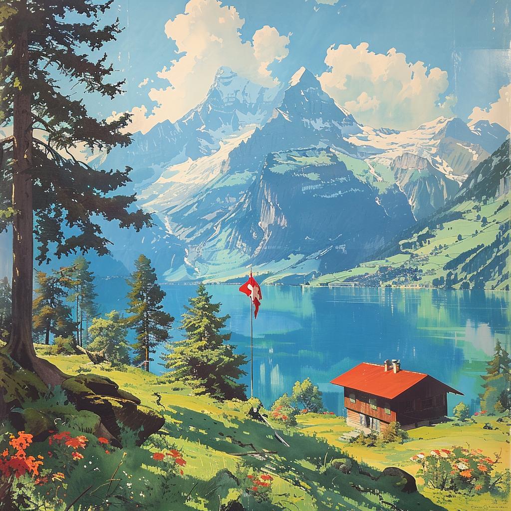 Swiss  poster  typography  1970s  lake  mountains  house  graphic  design  nature 1029173