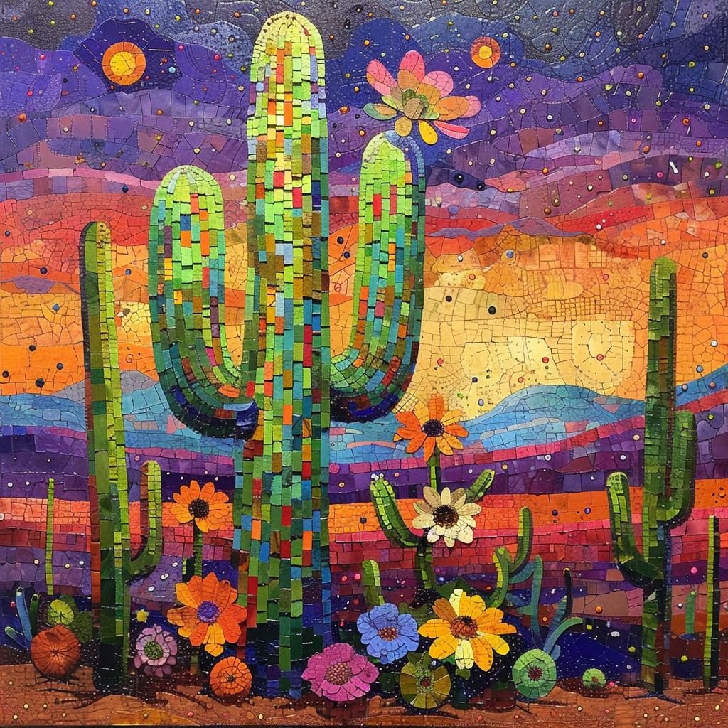 saguaro  cactus  mosaic  flowers  desert  triadic  greens  vibrant  nature  landscape 1036428