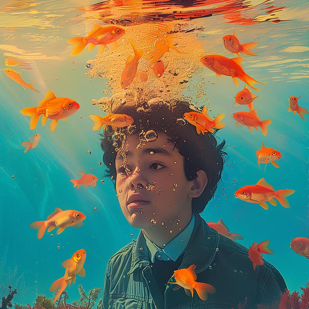 boy  underwater  goldfish  fish  swimming  surrounded  colorful  playful  aquatic  whimsical 1016753