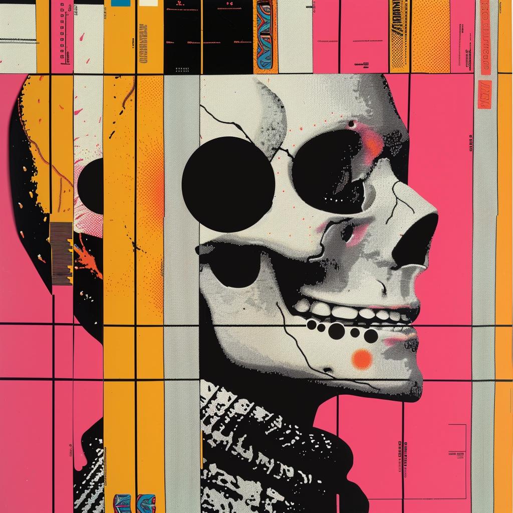 Obey  skull  graphic  design  holographic  glitch  pink  background  yellow  stripes 969028