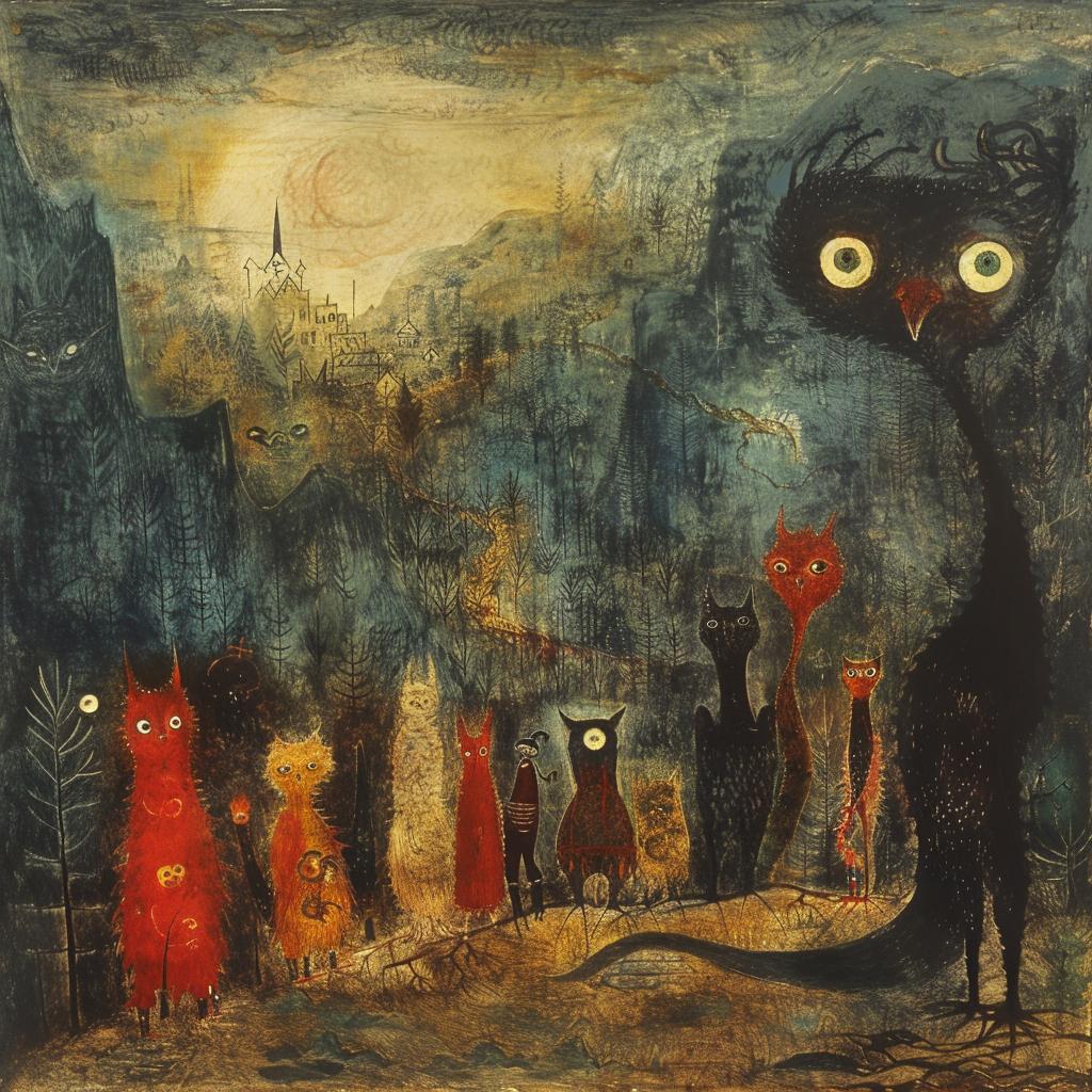 Japanese  horror  art  cats  birds  painting  style  visual  illustration  design 1021766