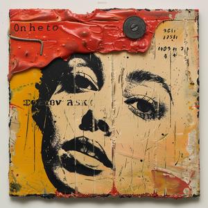 encaustic  paint  impasto  woman  red  face  yellow  background  vibrant  artwork 1064593