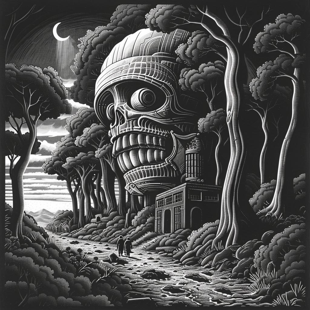 drawing  skull  woods  black-and-white  occult  mystical  nature  detailed  symbolic  art 924078