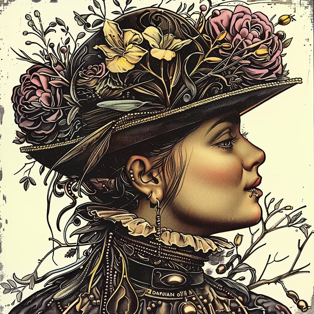 woman  flowers  hat  chromolithography  graphic  art  stylized  color  theme  feminine 1035805