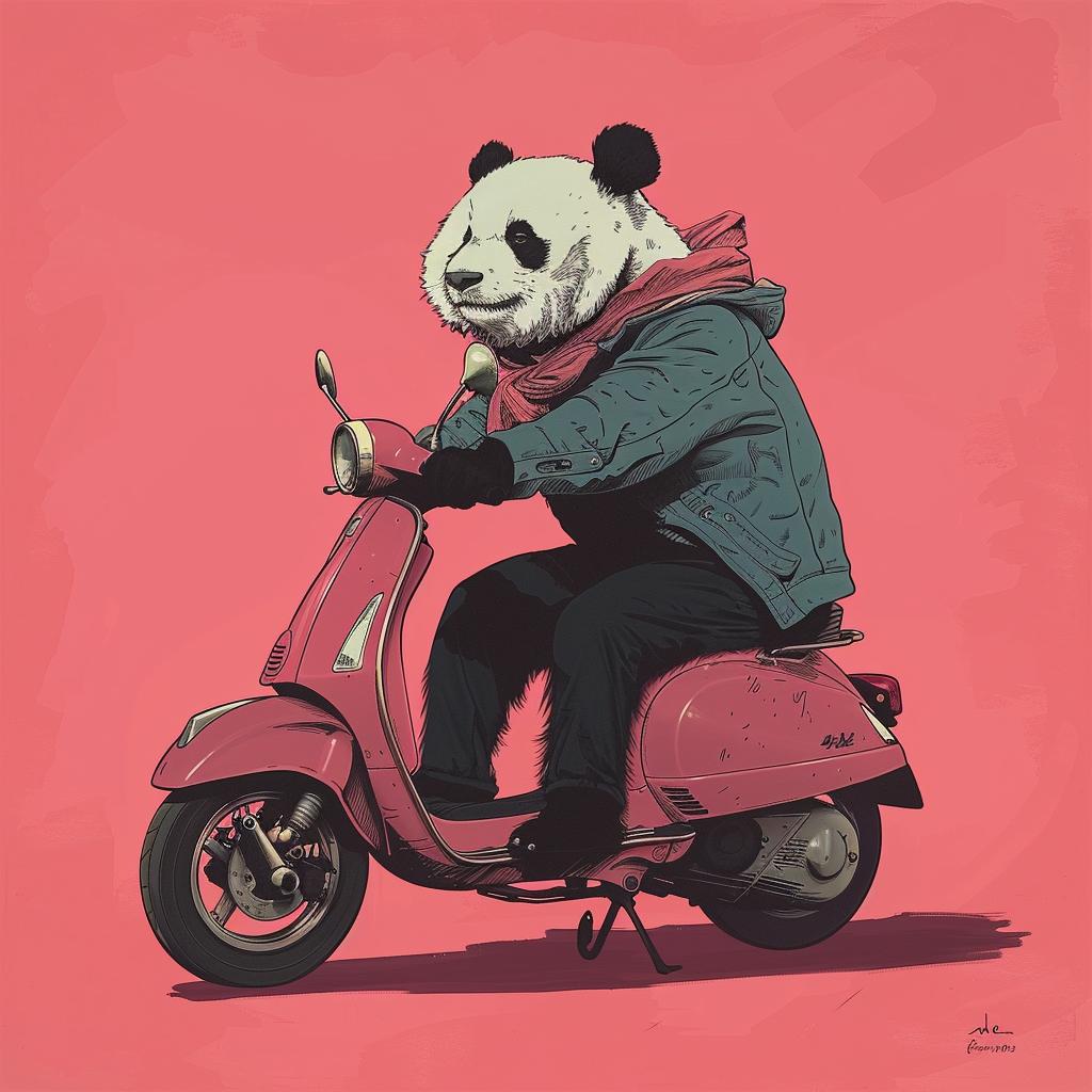 panda  moped  pink  whimsical  playful  illustration  animal  transportation  cute  vibrant 1021863