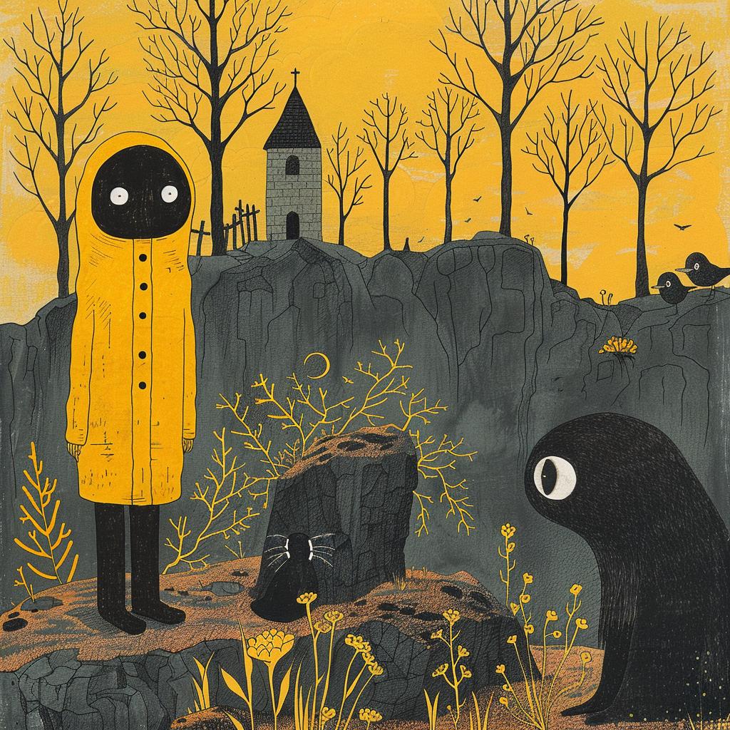 surreal  yellow  raincoat  black  cat  man  creative  art  dreamlike  fantasy 1019316