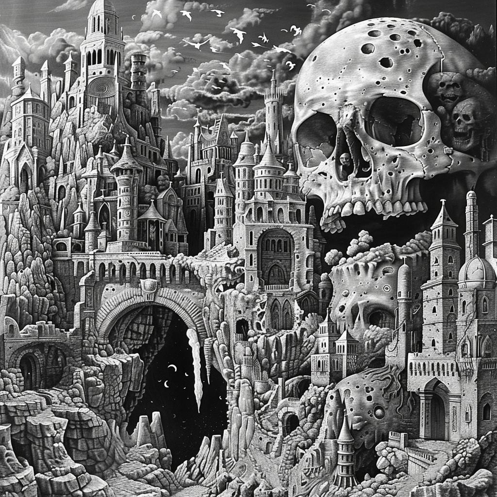 Dore  Woodcut  skull  castle  drawing  black  white  art  detailed  illustration 961879