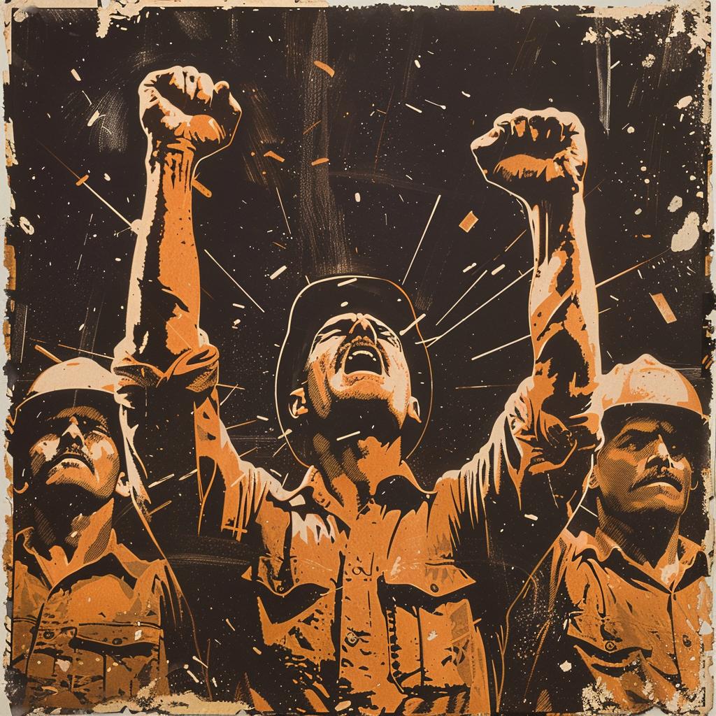 linocut  retro  sci-fi  illustration  workers  raised  fists  poster  escape  halftone 922408