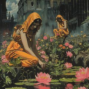 painting  women  orange  robes  water  chromolithography  elegant  artistic  figure  serene 1052676