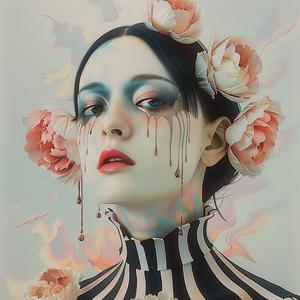 فستان وجه امرأة زهور صورة فنية تصميم خطوط ملونة موضة 1073314