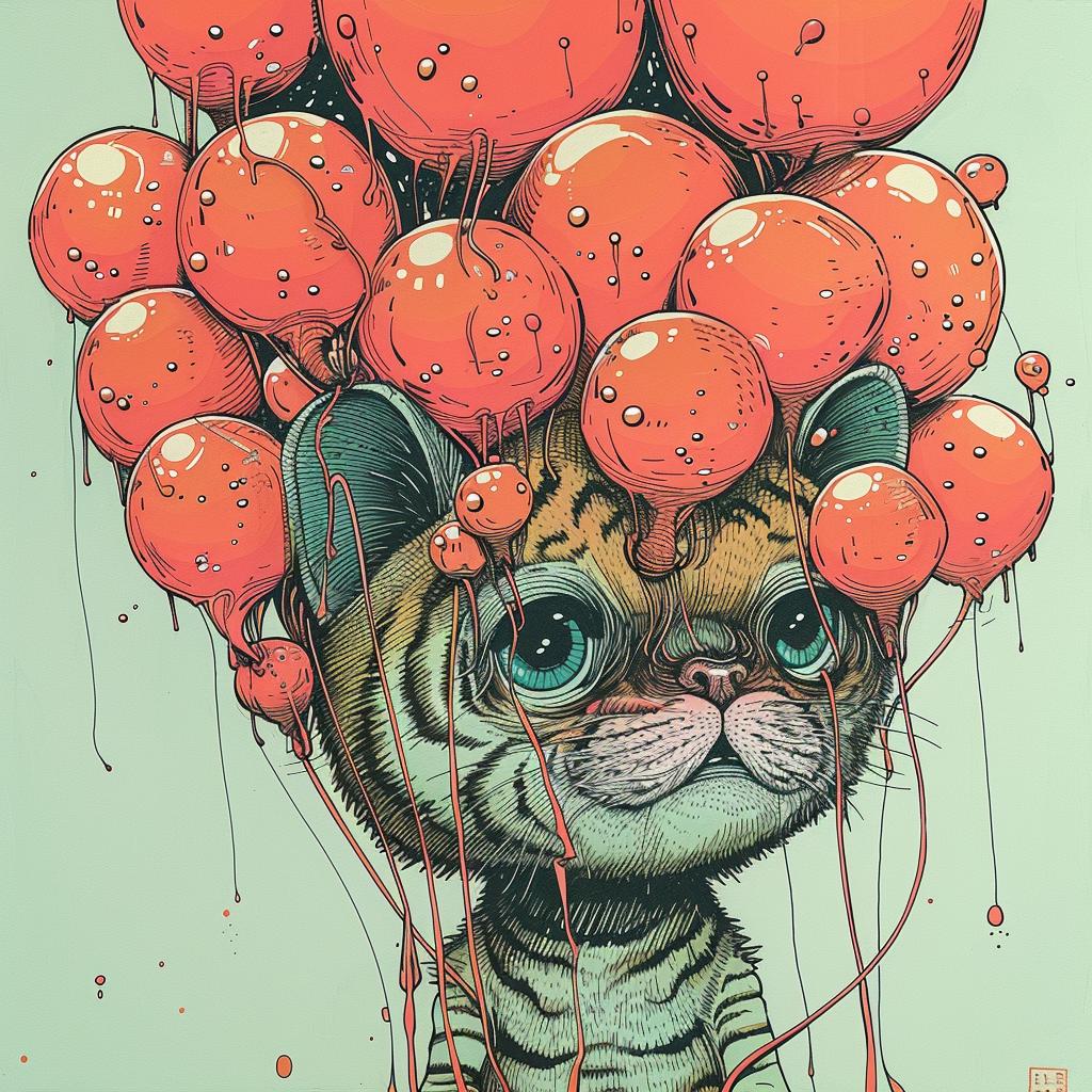 tiger  balloons  kawaii  cute  adorable  floating  strings  whimsical  playful  expression 923599