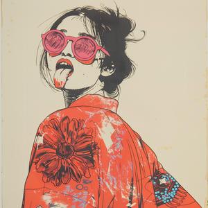block  print  woman  kimono  sunglasses  tongue  Hokusai  colorful  portrait  playful 1063789