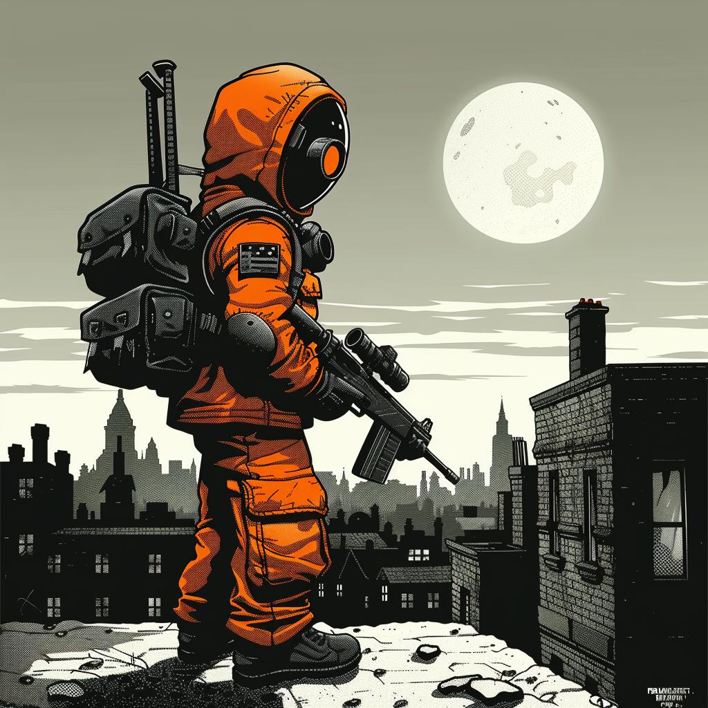 art  astronaut  rooftop  gun  Travis  Charest  orange  suit  sciencefiction  illustration 925005