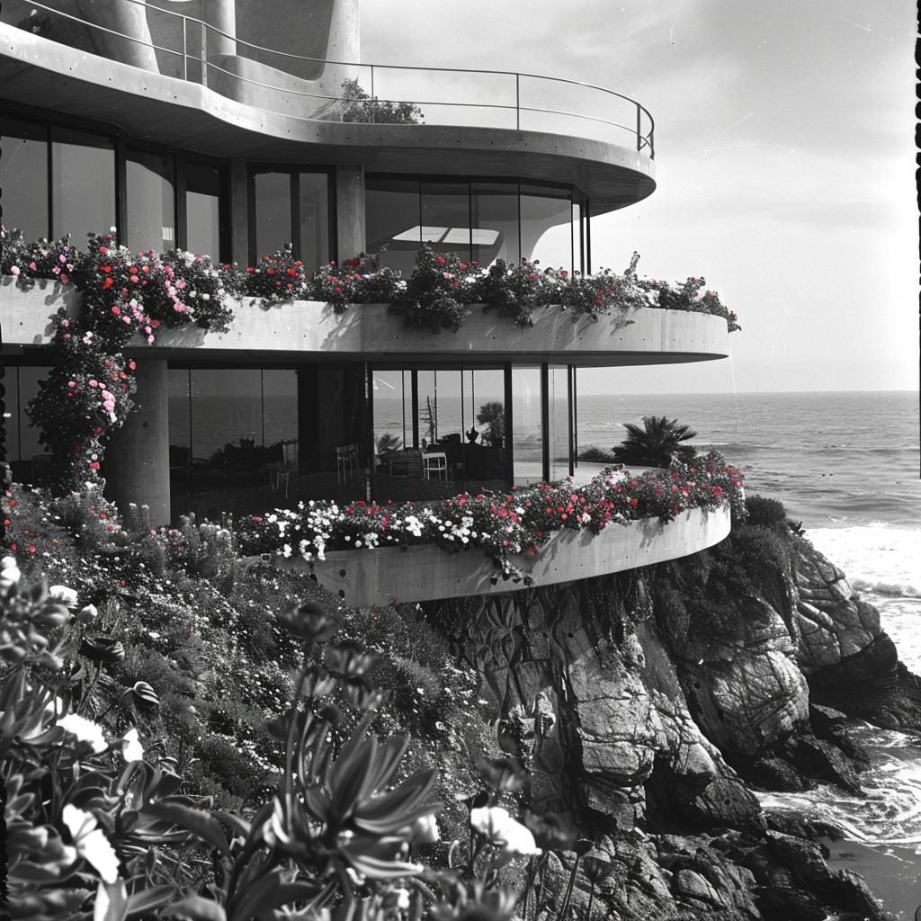 Frank  Gehry  home  ocean  black  white  photo  flowers  coast  architecture 1036435