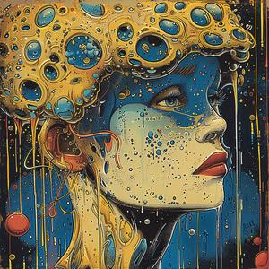 woman  bubbles  illustration  pointillism  Surrealism  vintage  ArtNouveau  gold  indigo  teal 1076053