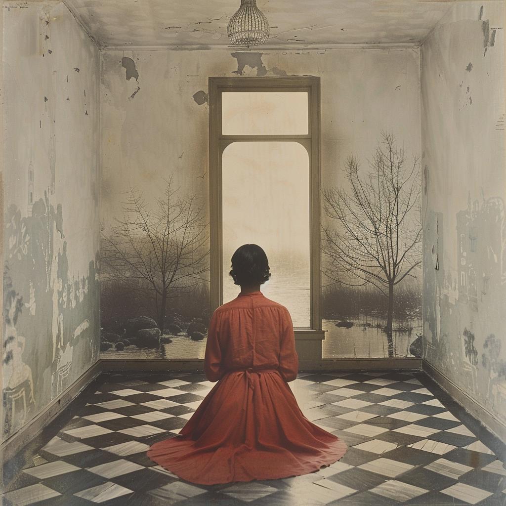 surreal  blockprint  woman  red  dress  empty  room  art  creative  interior 970221