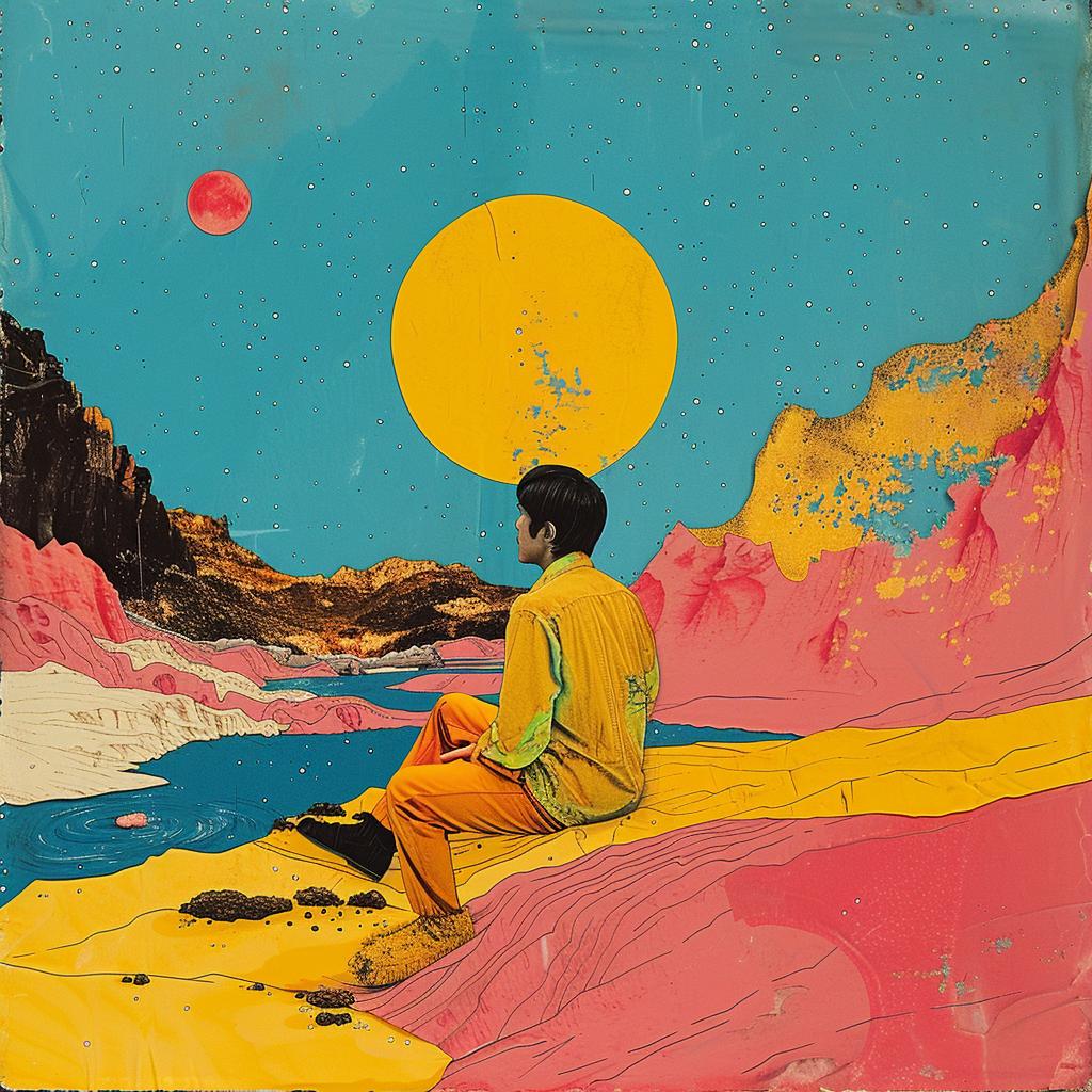surreal  album  collage  man  sun  sitting  rock  background  painting  art 1019404