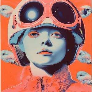 surreal  woman  helmet  birds  album  cover  symbolist  risograph  hyper-realistic  art 1077660