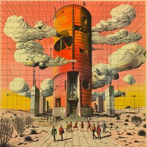 minimalism  chromolithography  architecture  silhouette  FrankLloydWright  SimonStalenhag  tower  people  painting  colorful 1037199