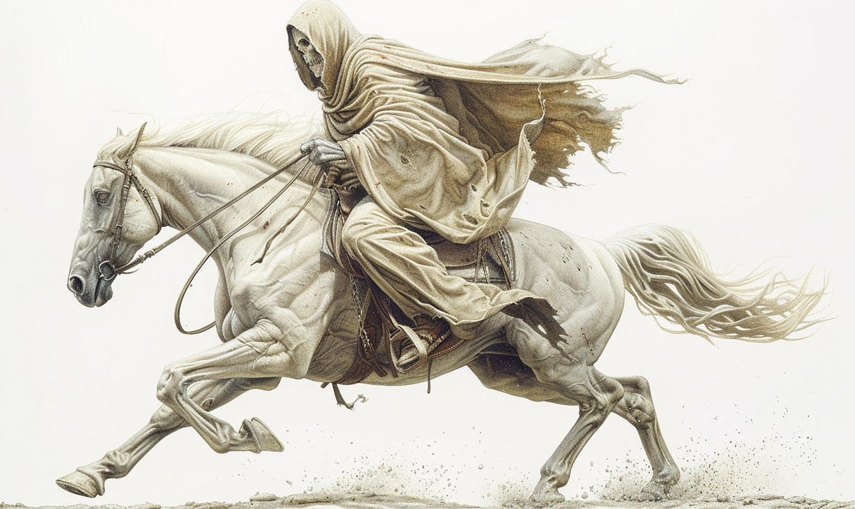 Grim  Reaper  horseback  skeleton  painting  action  white  background  Codex  Seraphinianus 971070