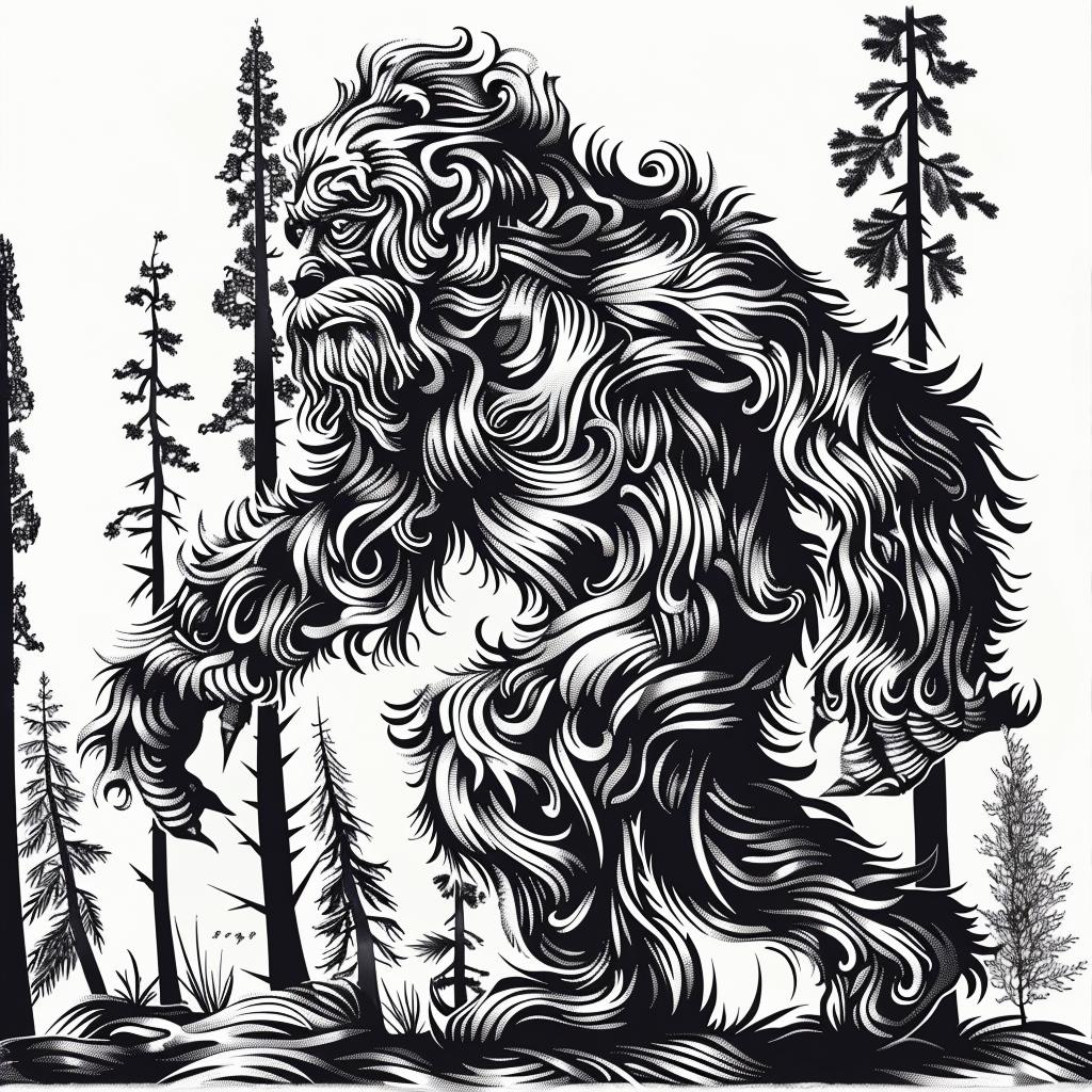 sasquatch  bigfoot  black  white  drawing  woods  nature  wildlife  art  illustration 942642