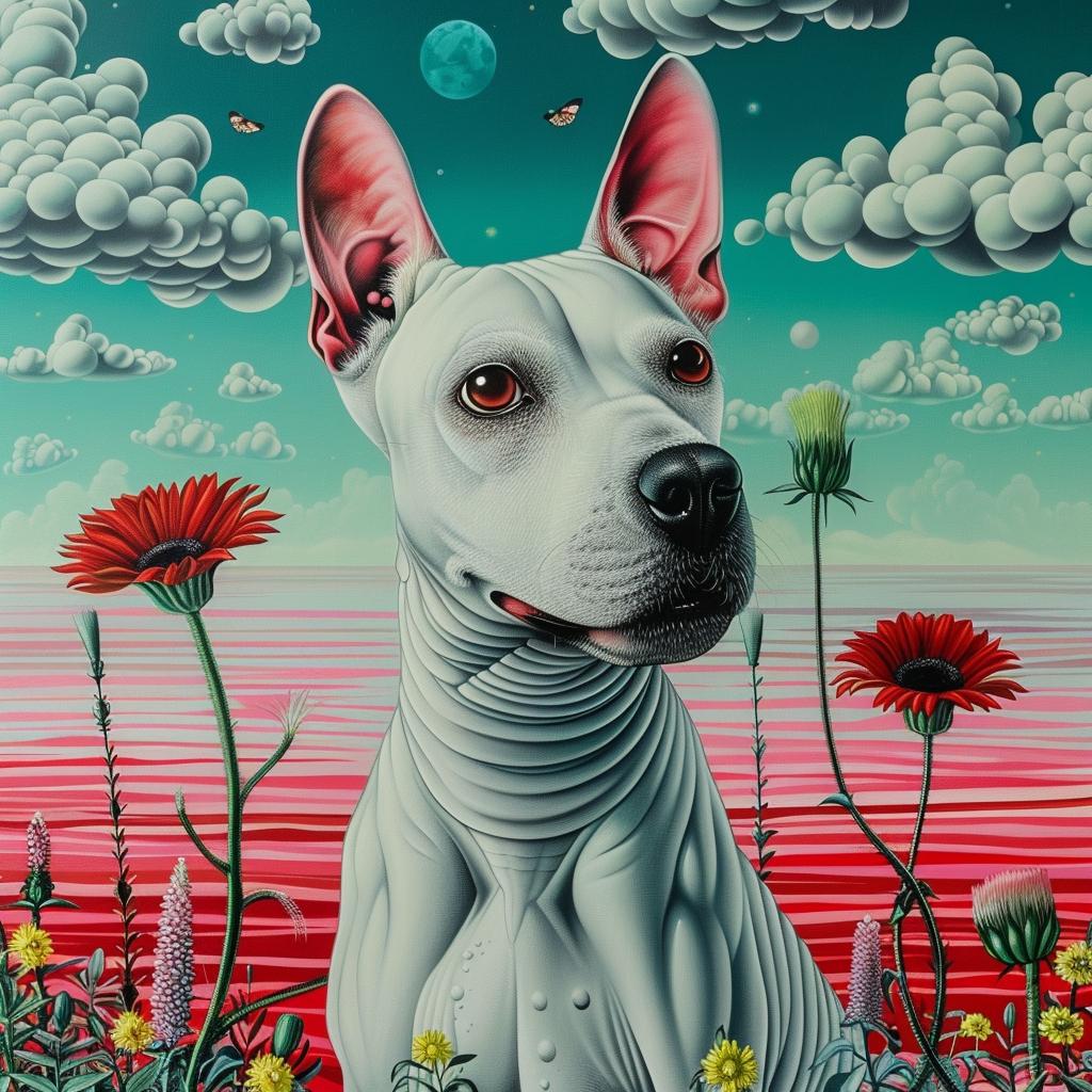 bull  terrier  dog  painting  red  flowers  clouds  colorful  artwork  playful 940859