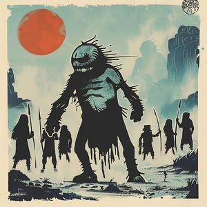 surreal  villagers  spears  album  cover  hyper-realistic  screenprinting  symbolism  Mitsumasa  Anno 1079782