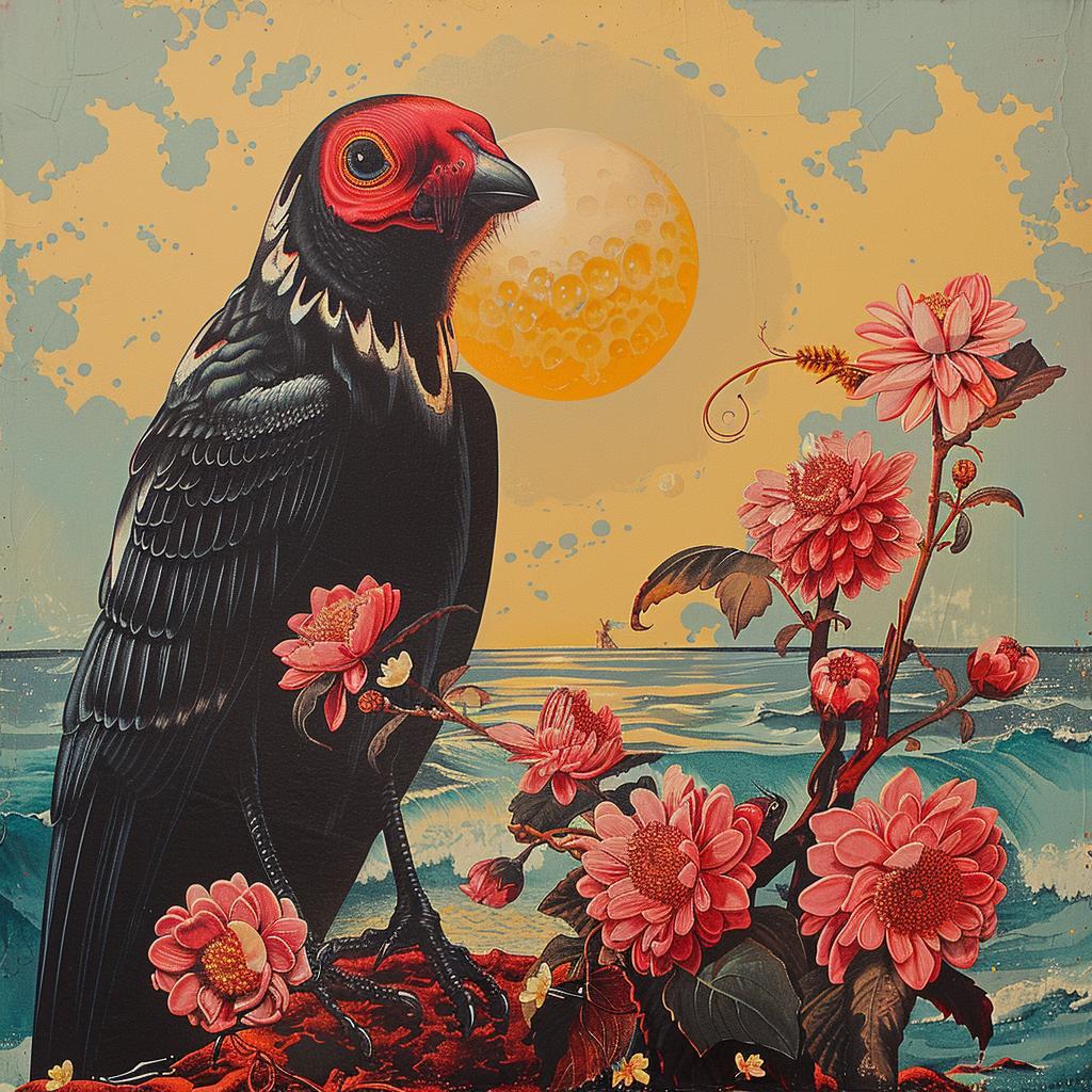 crow  rock  flowers  painting  chromolithography  bird  nature  sitting  art  vivid 1018417